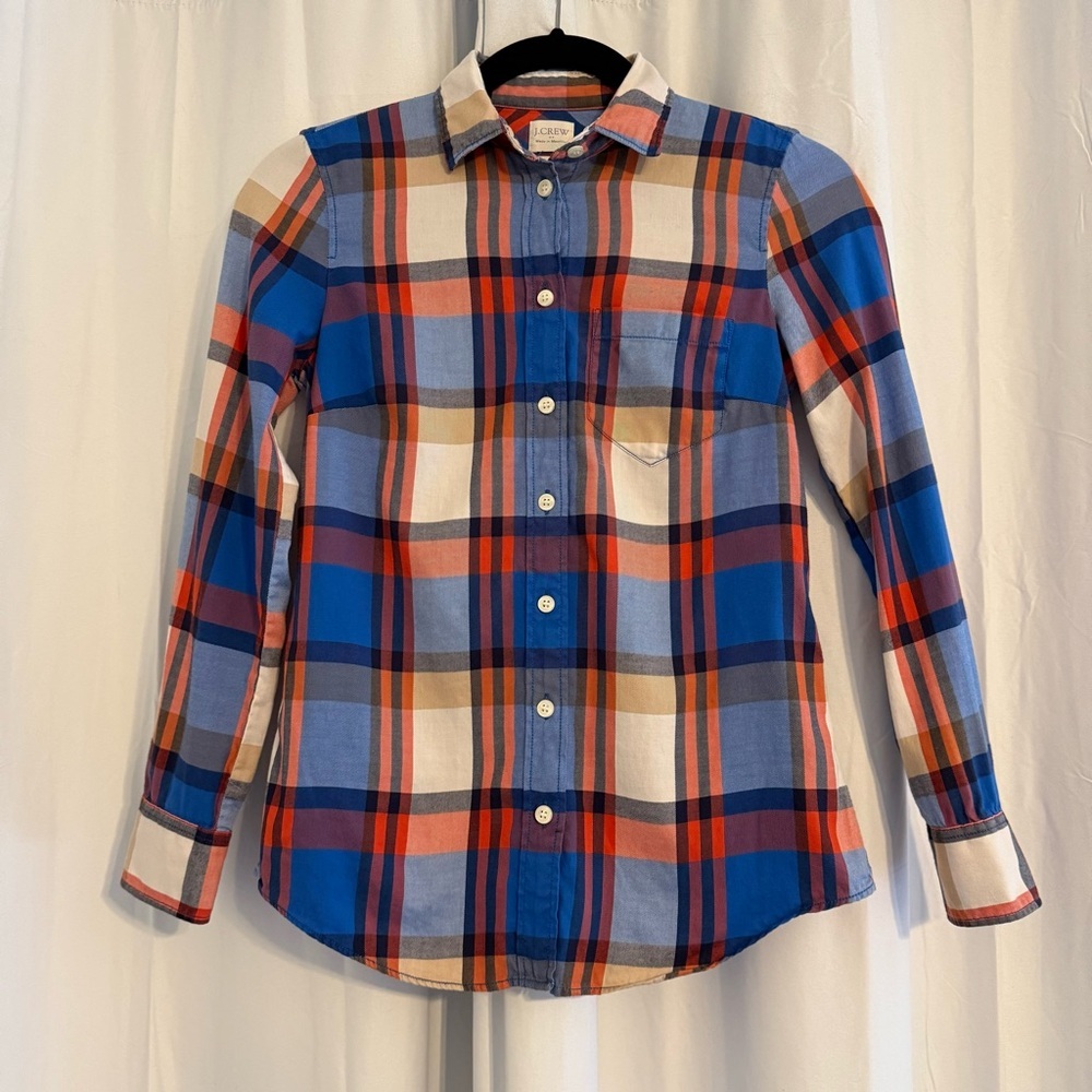 J Crew Perfect Shirt Womens Petite XXS Blue Orange Plaid 100% Cotton Button Up
